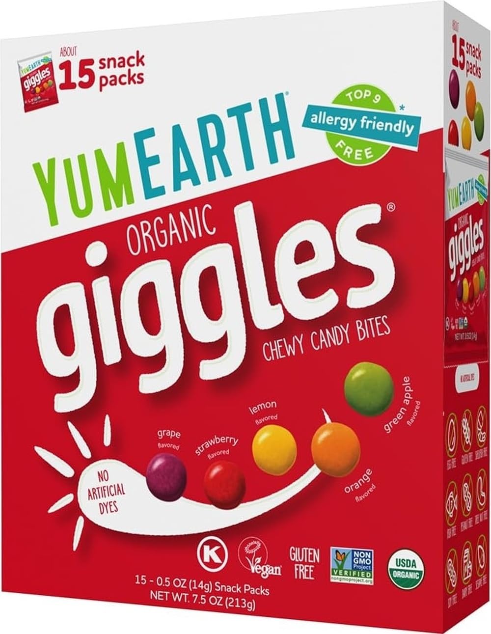 YumEarth front box showing 15 snack packs and organic branding benefits