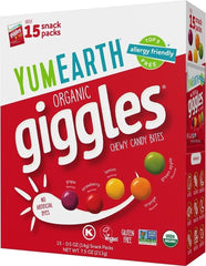 YumEarth front box showing 15 snack packs and organic branding benefits