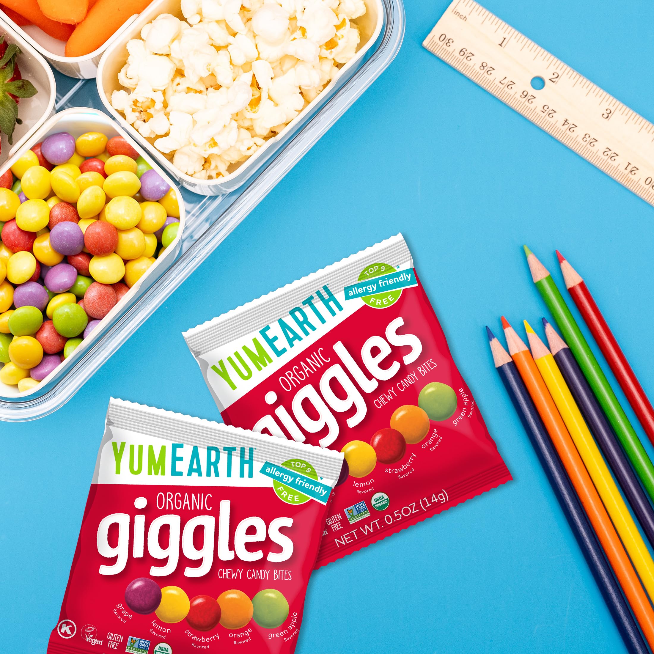YumEarth pouch inside a lunchbox showing safe classroom-friendly snack option