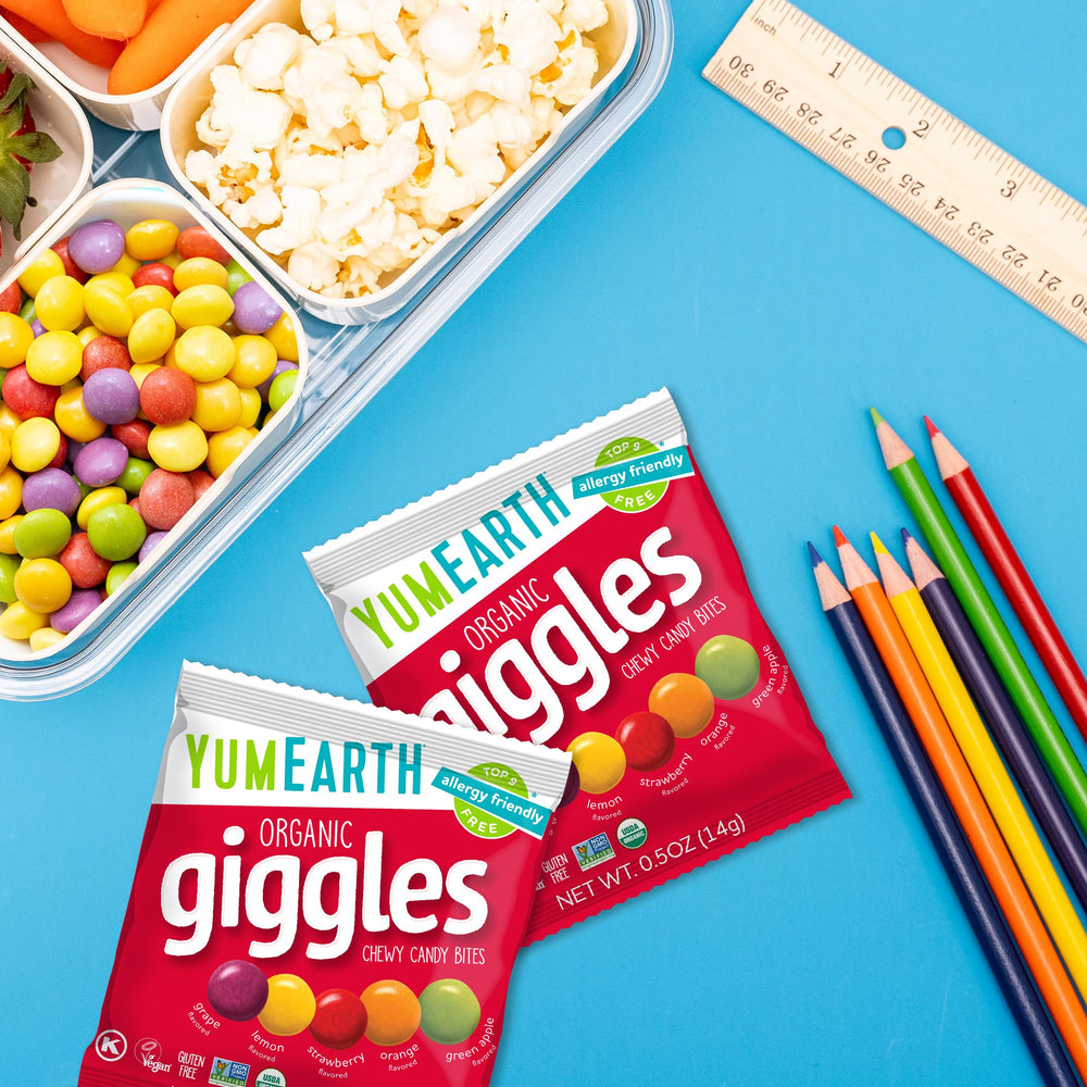 YumEarth pouch inside a lunchbox showing safe classroom-friendly snack option
