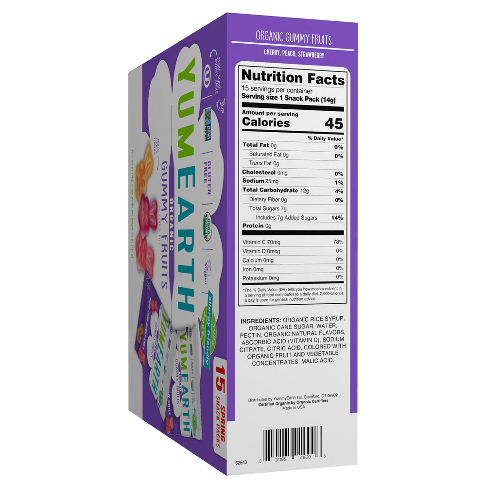 YumEarth ingredient label and organic certification visible