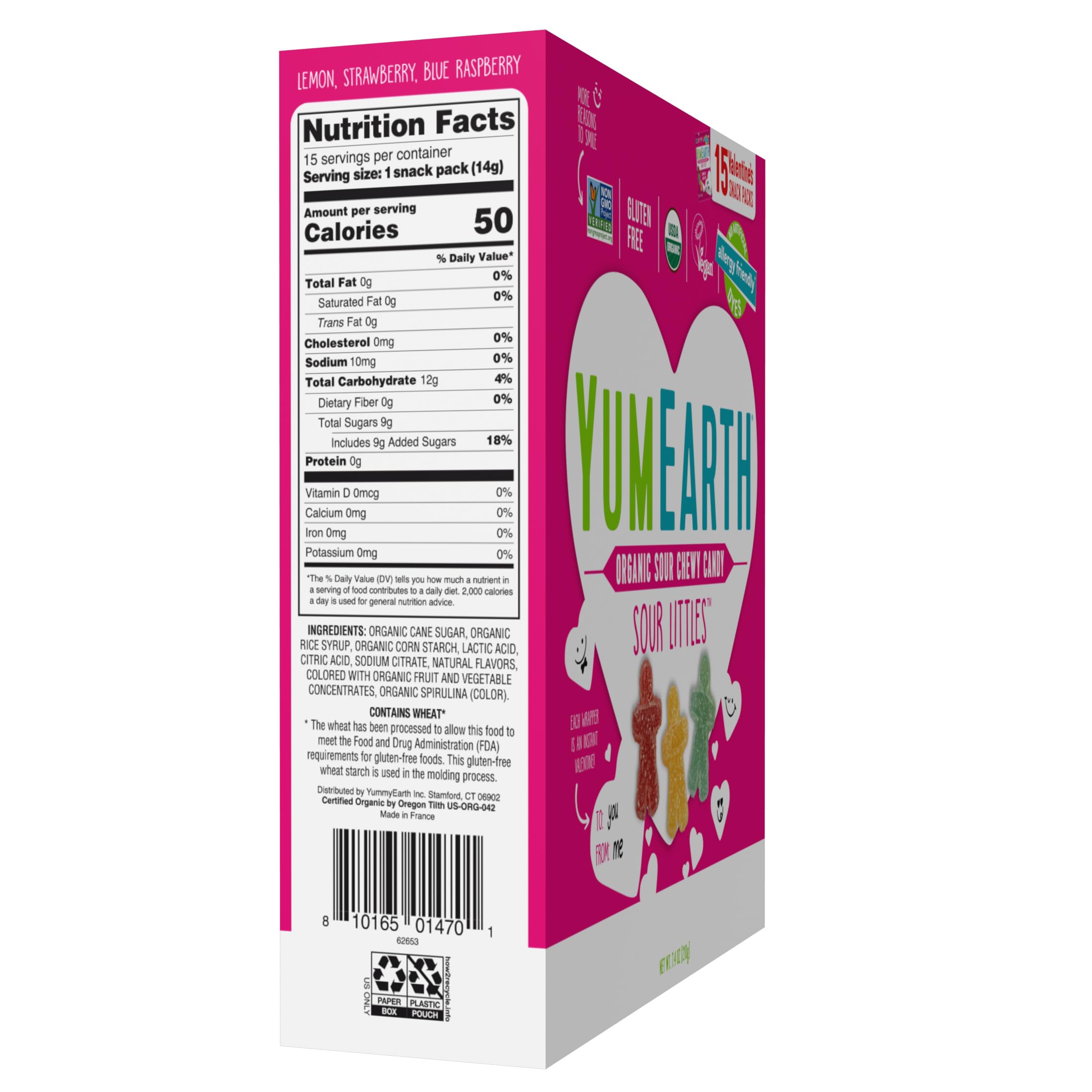 YumEarth label close-up showing organic and Non-GMO benefits