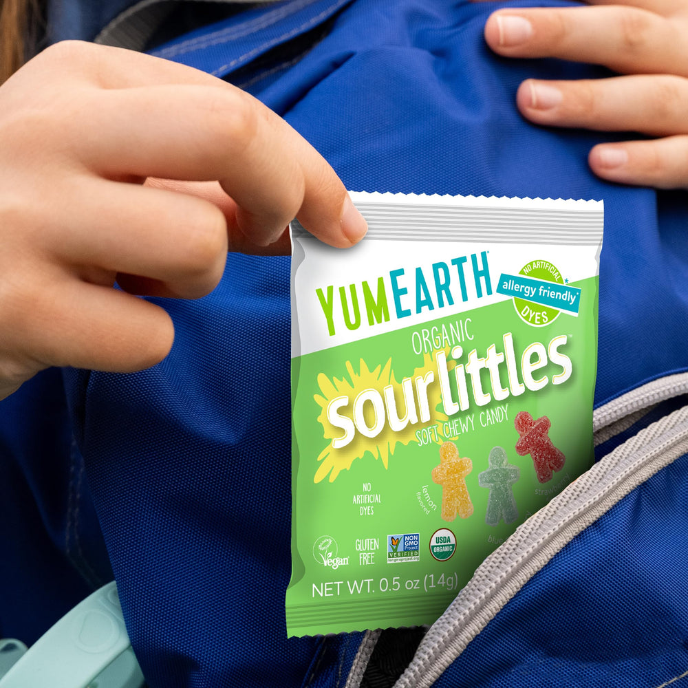 YumEarth label with organic and allergen-free certifications visible