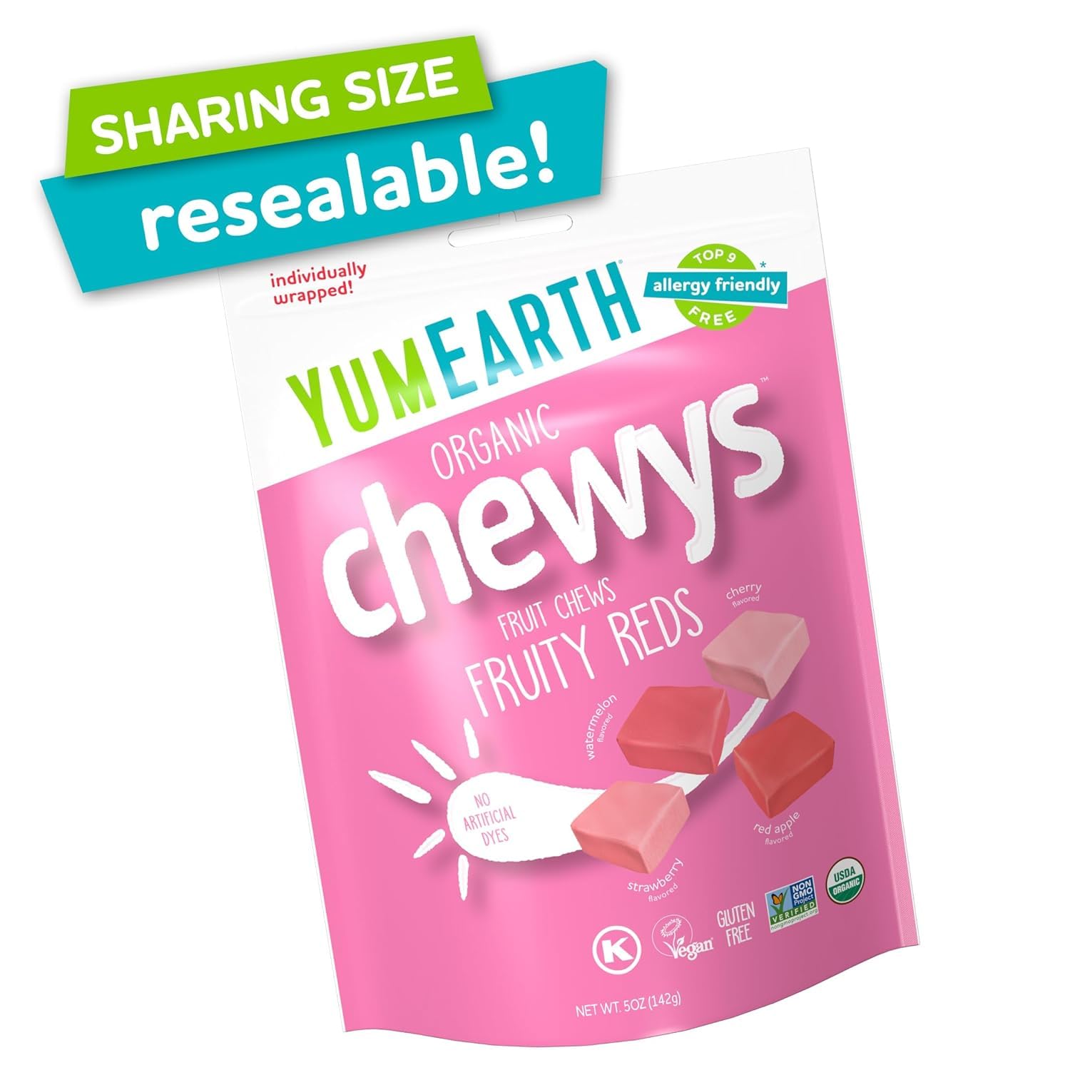 YumEarth resealable bag open with candies spilling, shows freshness benefit