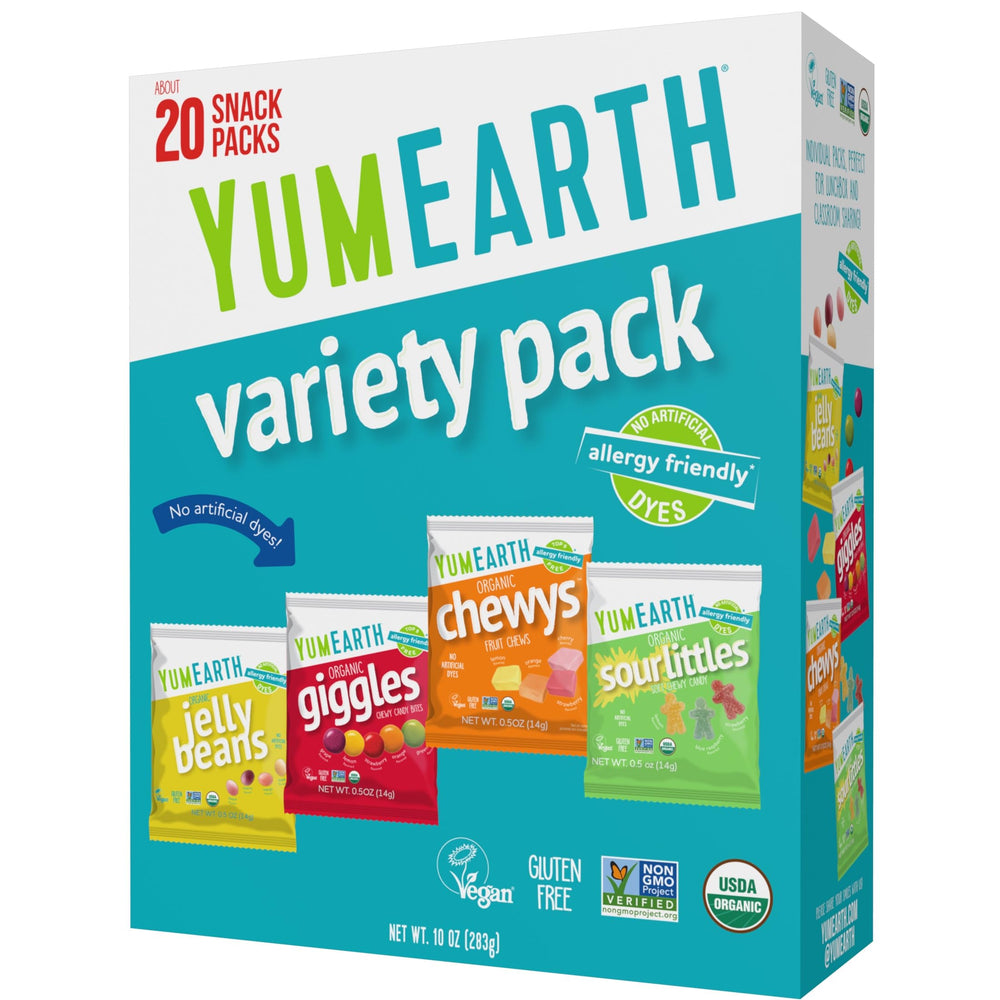 YumEarth front packaging showing variety box and clear branding, convenient sharing