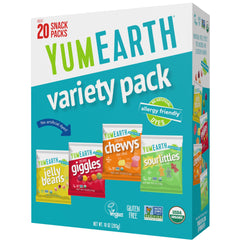 YumEarth front packaging showing variety box and clear branding, convenient sharing