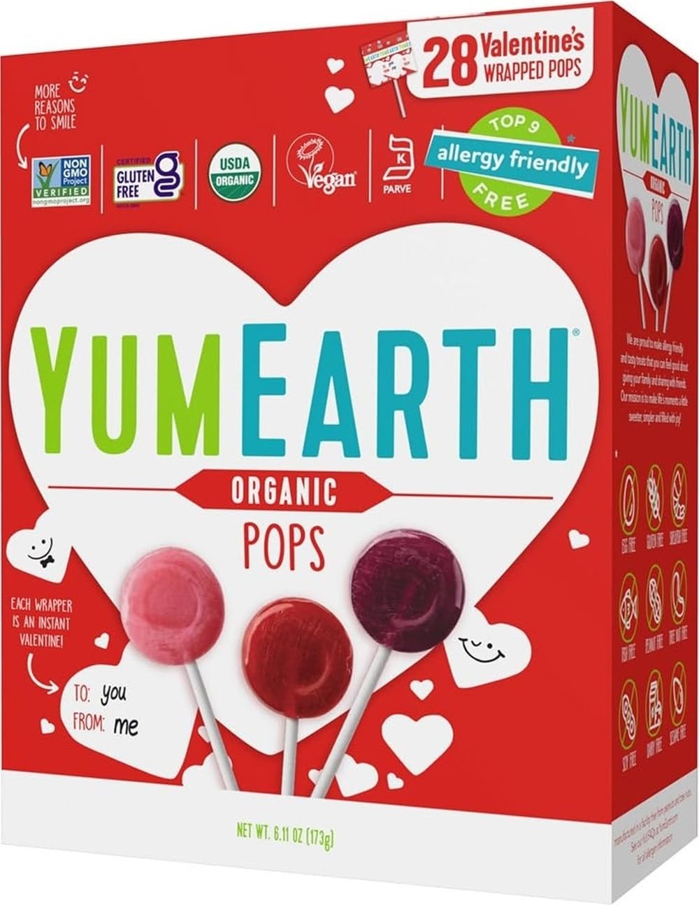 YumEarth box front showing 28-count packaging and festive hearts