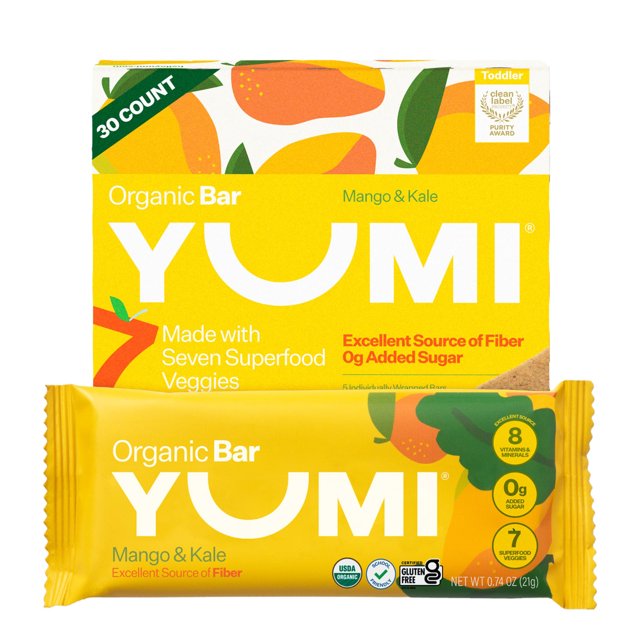 YUMI front packaging showing mango and kale, clearly labeled organic benefits