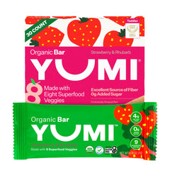 YUMI front packaging showing strawberry rhubarb flavor and organic badge for trust