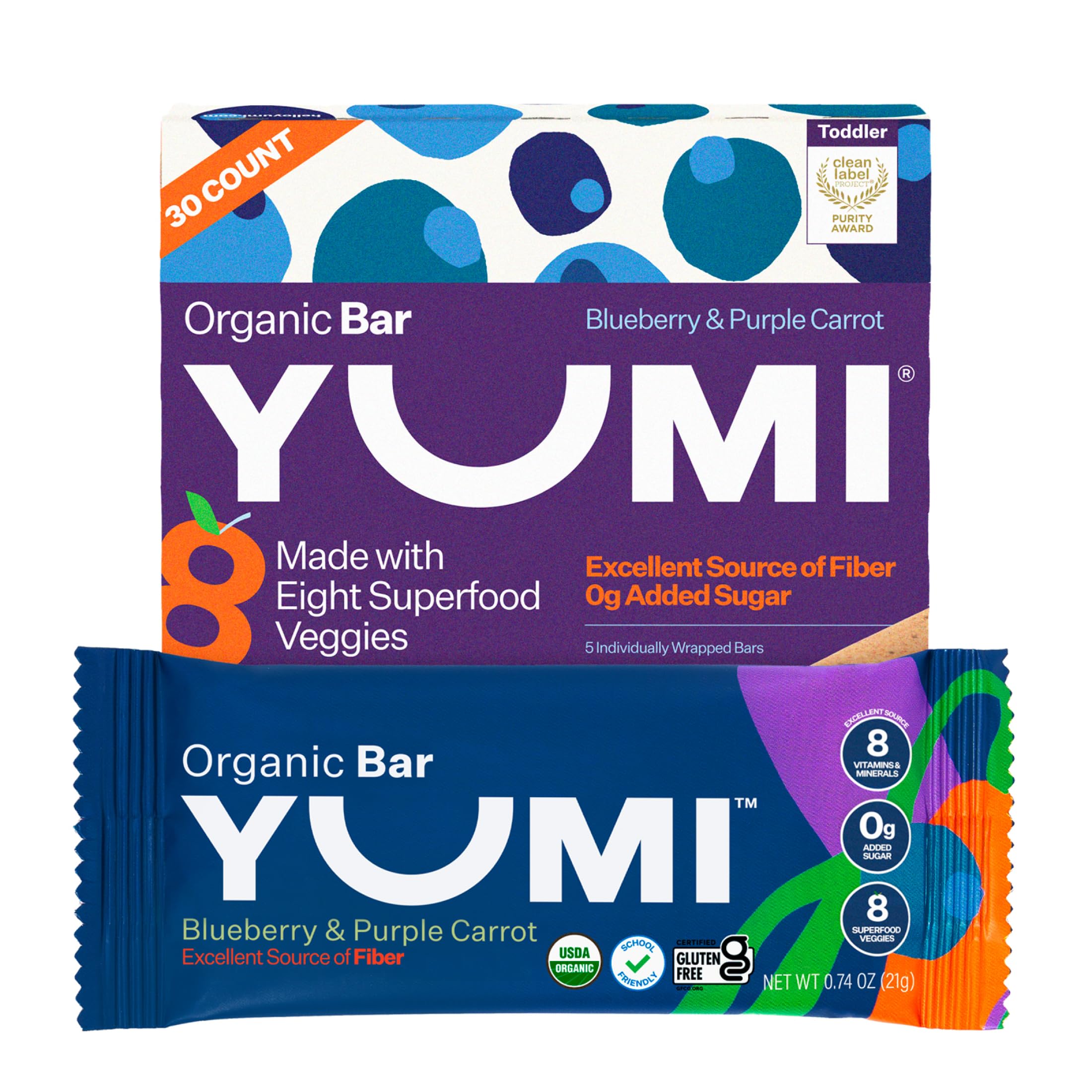 YUMI front packaging showing blueberry purple carrot flavor and USDA organic badge for easy identification