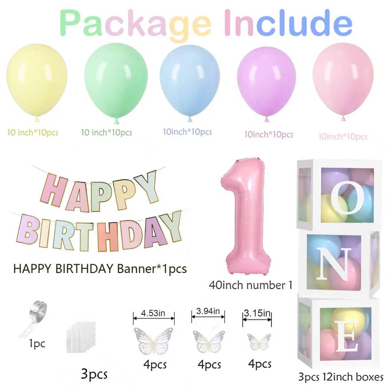 Yumiche clear balloon boxes with "one" stickers arranged, easy gift display