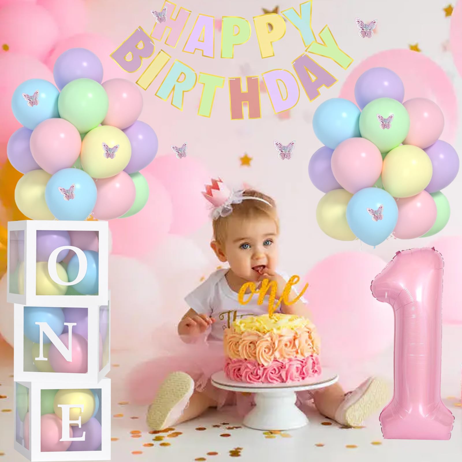 Yumiche pastel HAPPY BIRTHDAY banner close-up, clear lettering for photos