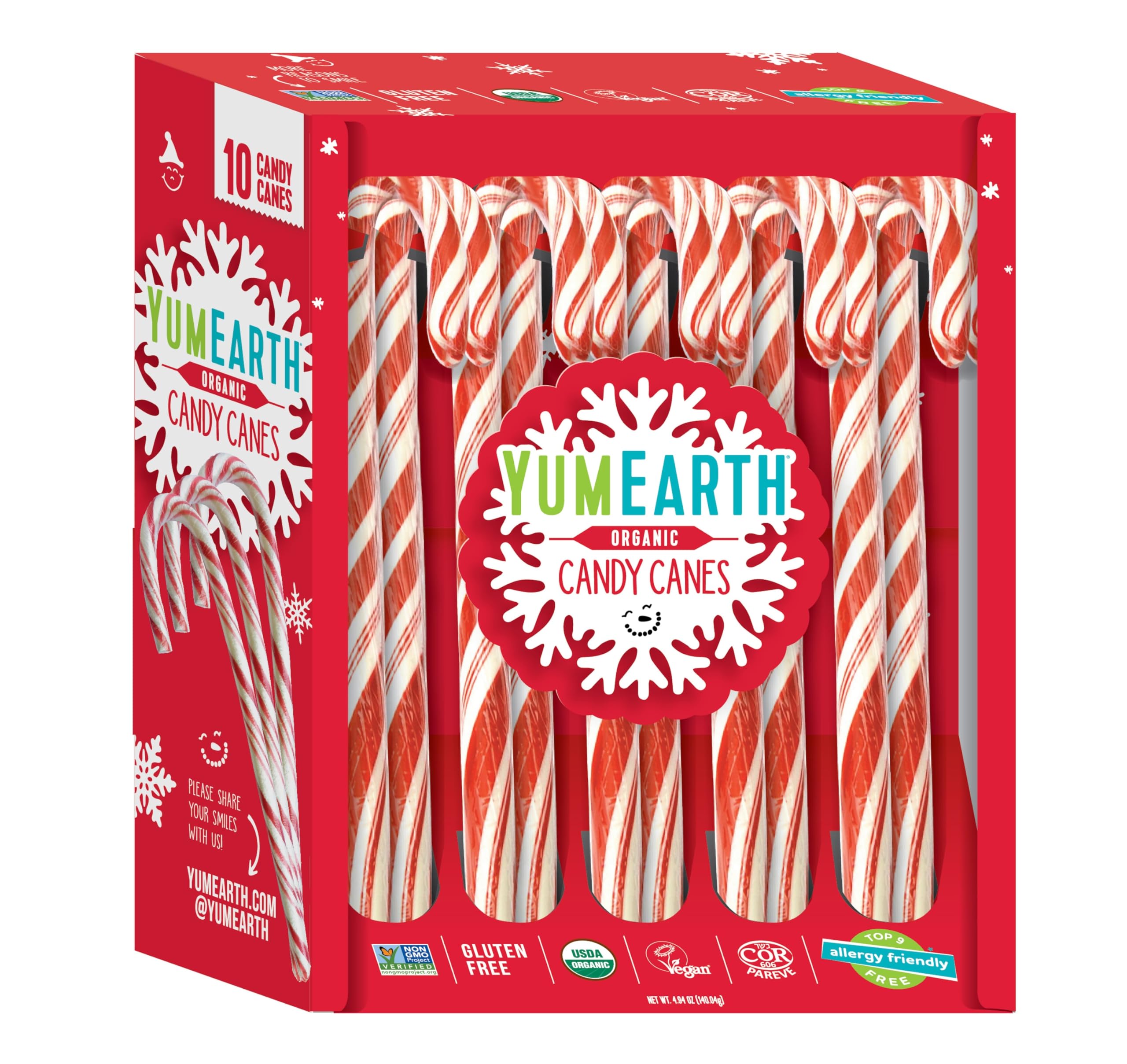 YumEarth front packaging showing 10 count canes and organic claim