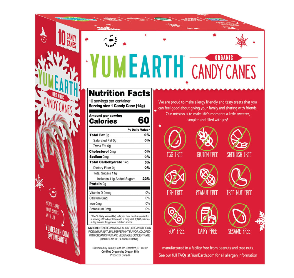 YumEarth close-up of an individually wrapped peppermint cane for easy gifting