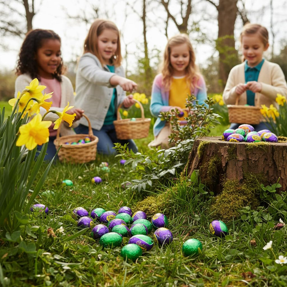 Yummy Chew eggs hidden in grass for an egg hunt, illustrates outdoor use and durability