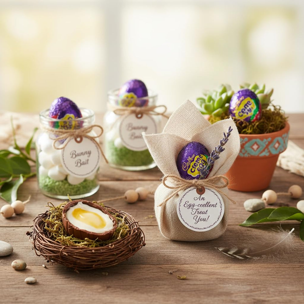 Yummy Chew eggs tucked into party favor bags, highlights simple guest-ready packaging