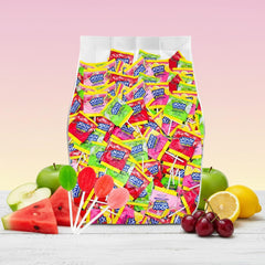 Yummy Chew JollyRancher unwrapped flat lollipop close-up showing texture and bright color