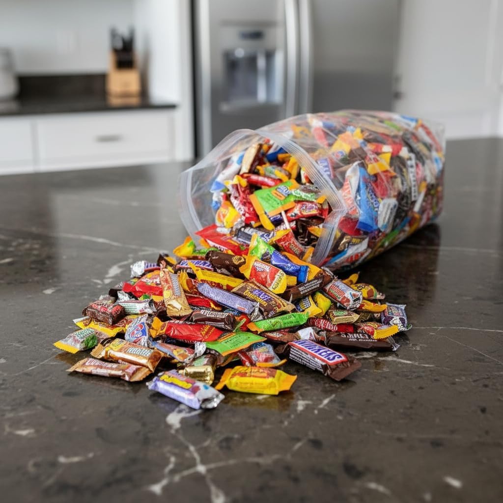 Yummy Chew open bag overhead displaying assorted candies for easy serving
