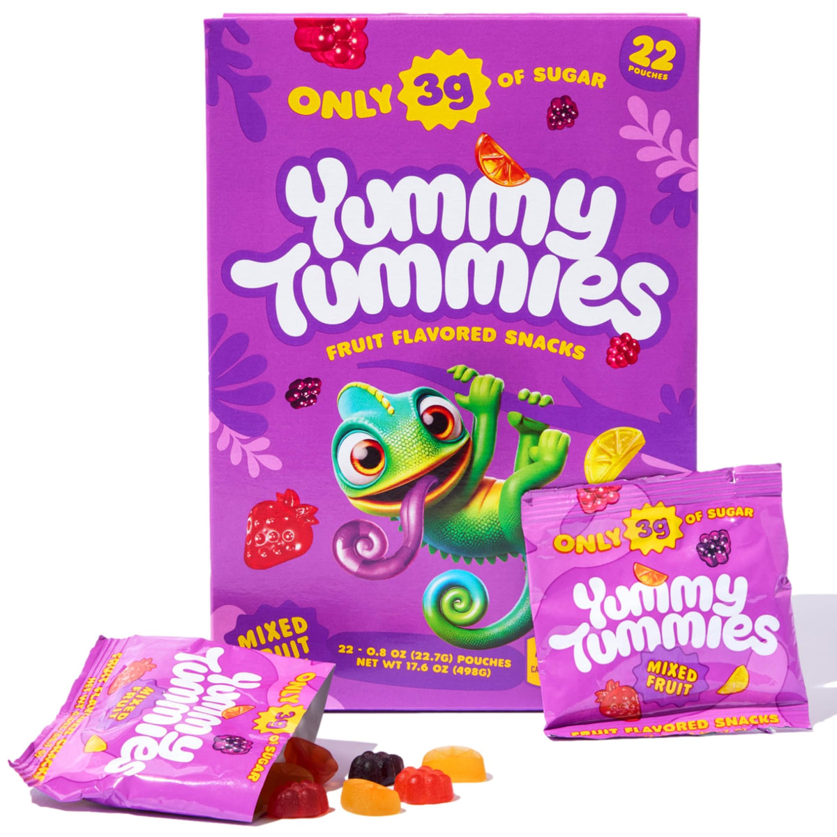 Yummy Tummies front box showing packaging and reduced-sugar claim benefits