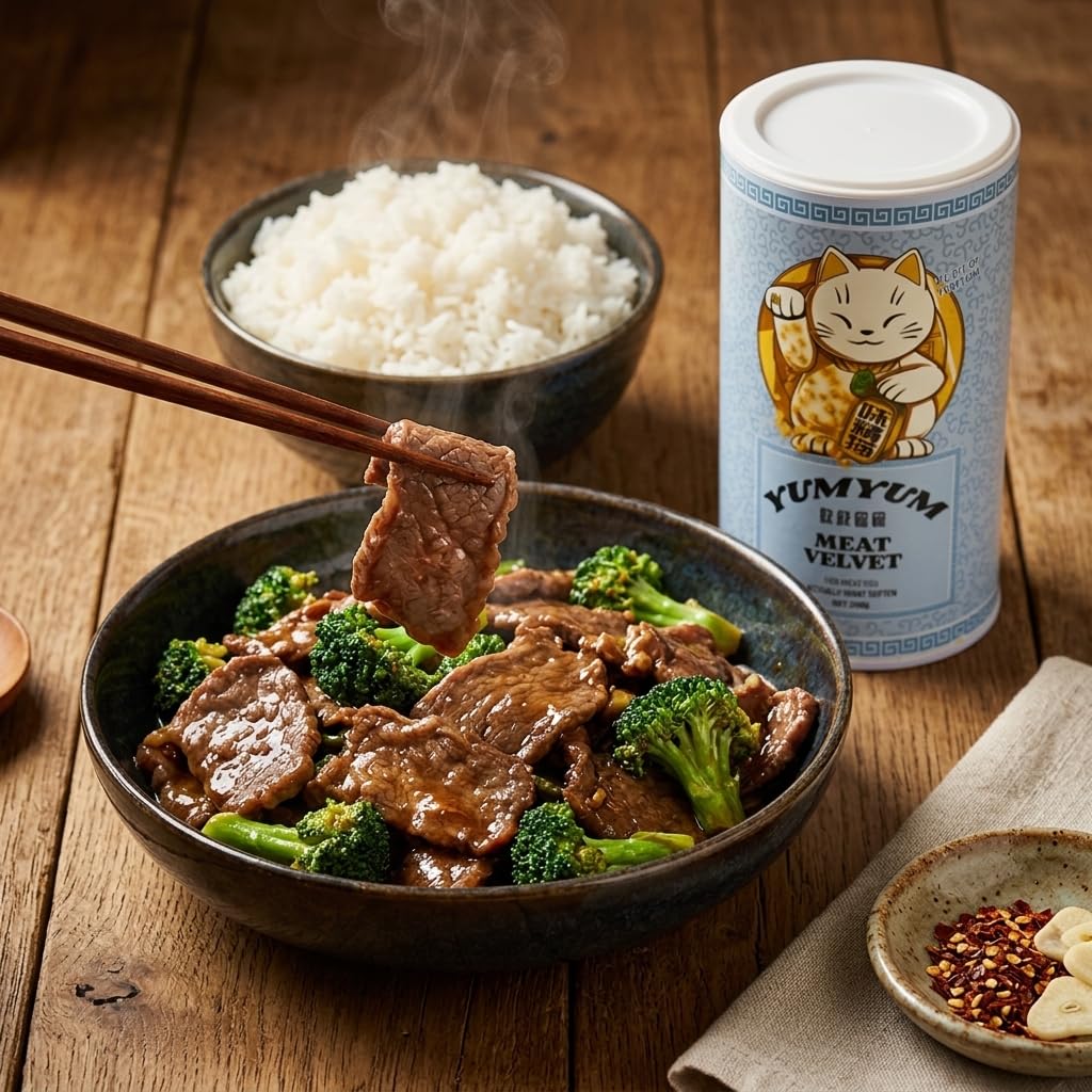 Cooked stir-fry with YUMYUM-treated meat showing juicy, tender bite and appealing colour
