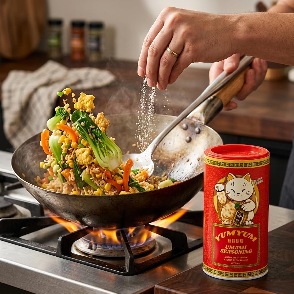 YUMYUM seasoning sprinkled on fried rice enhancing savory depth and visual appeal