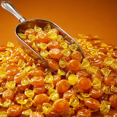 Yumzo individually wrapped butterscotch pile showing easy grab-and-go convenience