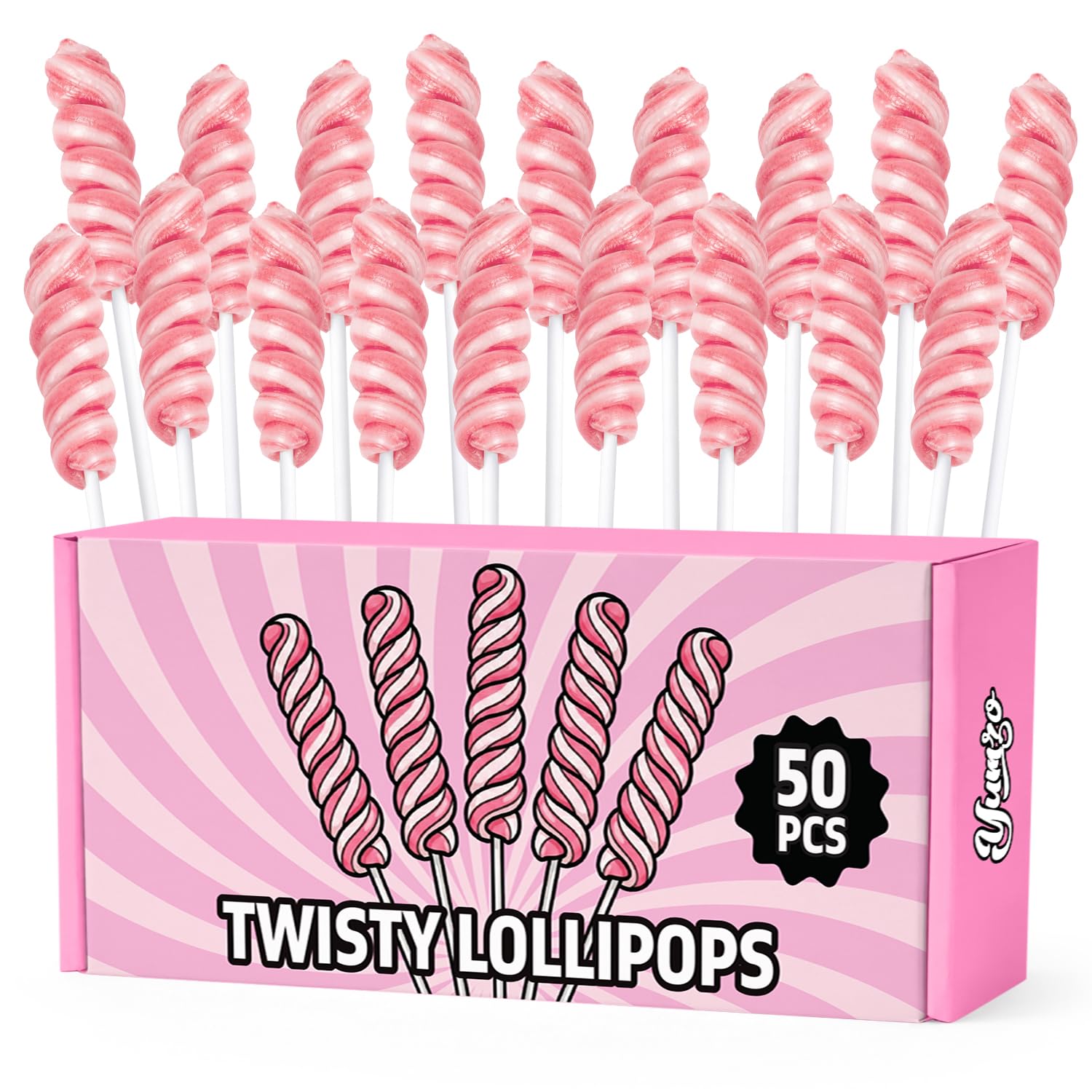 Yumzo front packaging showing 50-pack twisty lollipops and party-ready design