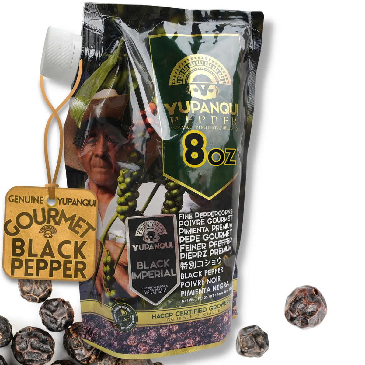 Yupanqui front packaging showing black imperial peppercorns and freshness benefit