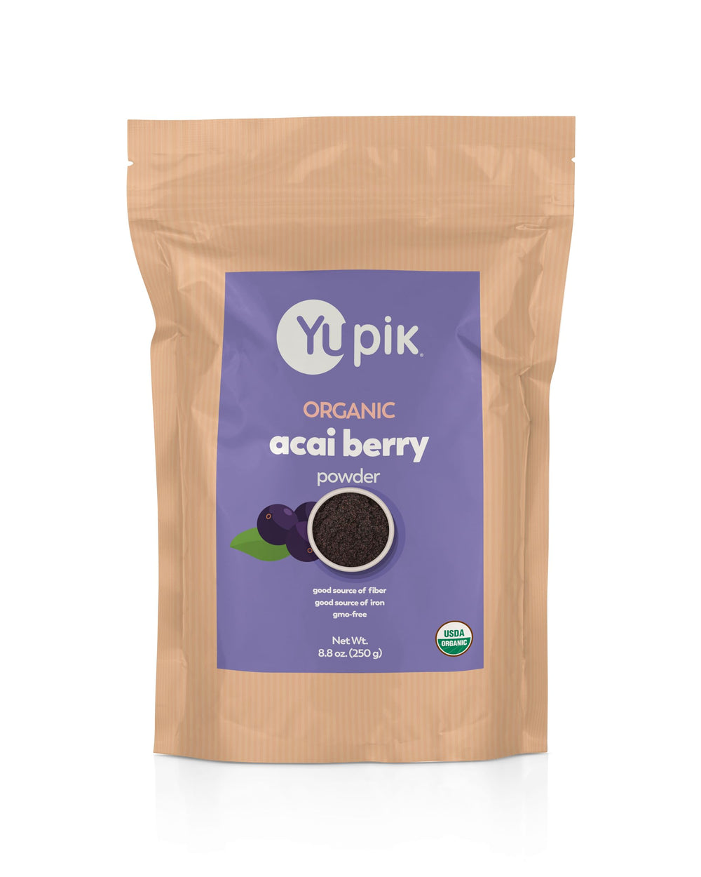 Yupik front packaging showing organic açaí powder and certifications for trusted quality