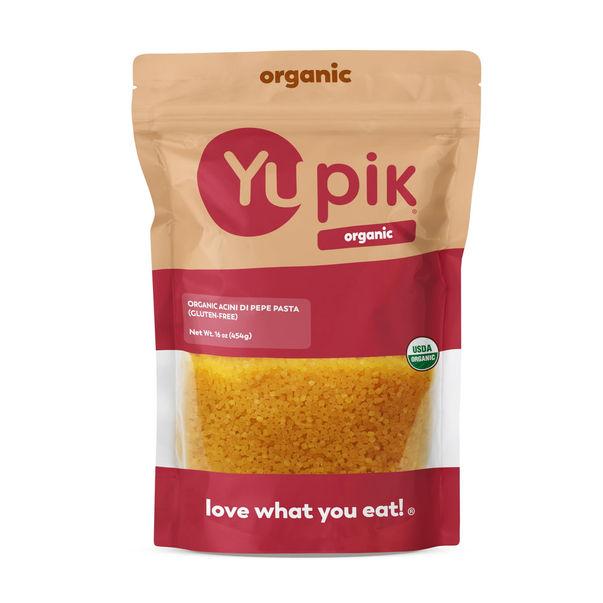 Yupik front package of organic acini di pepe showing label and weight for pantry benefit