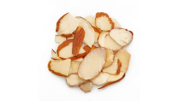 Yupik close-up of thin almond slices with skins highlighting crunchy texture