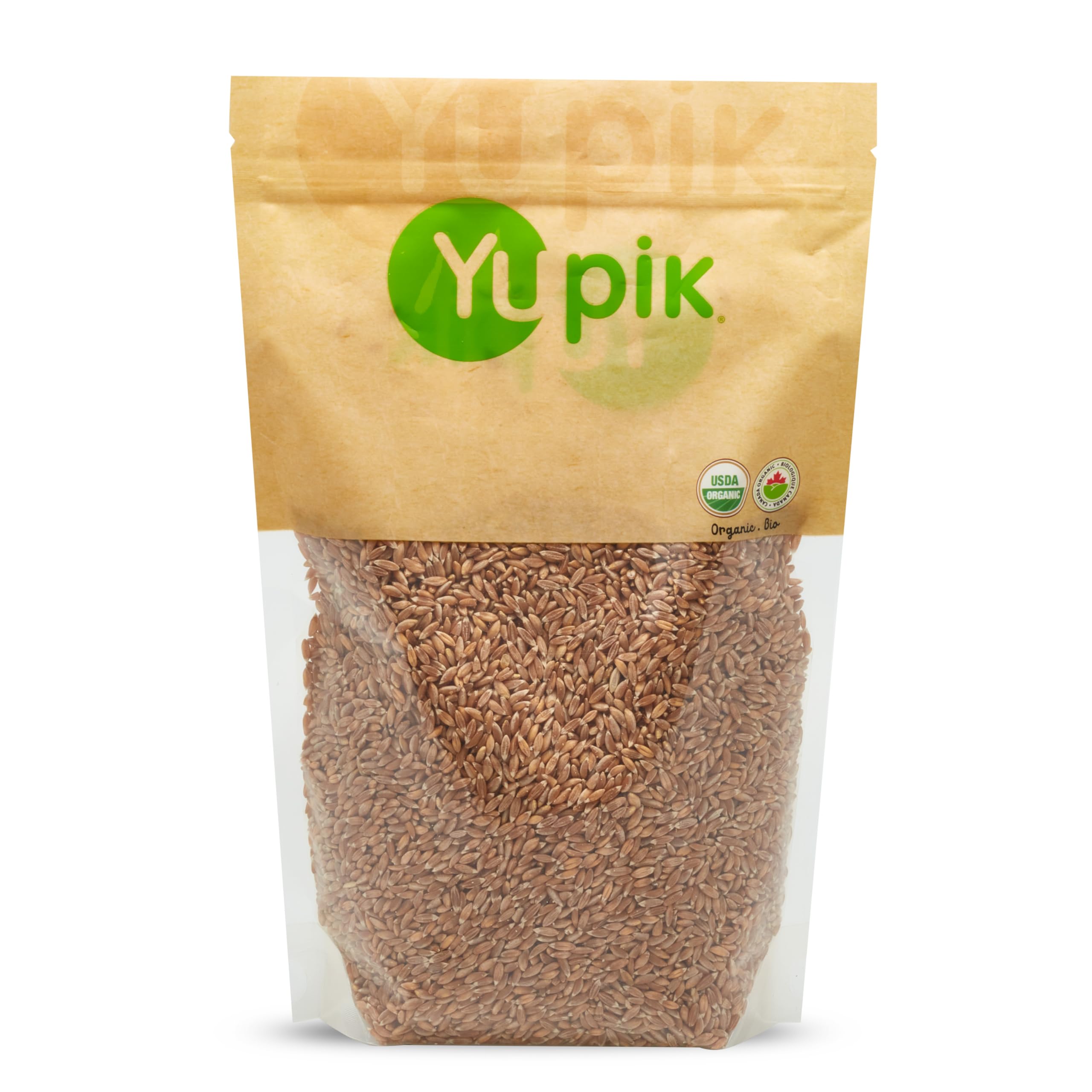 Yupik farro front pack showing label and organic certification, highlights pantry-ready convenience