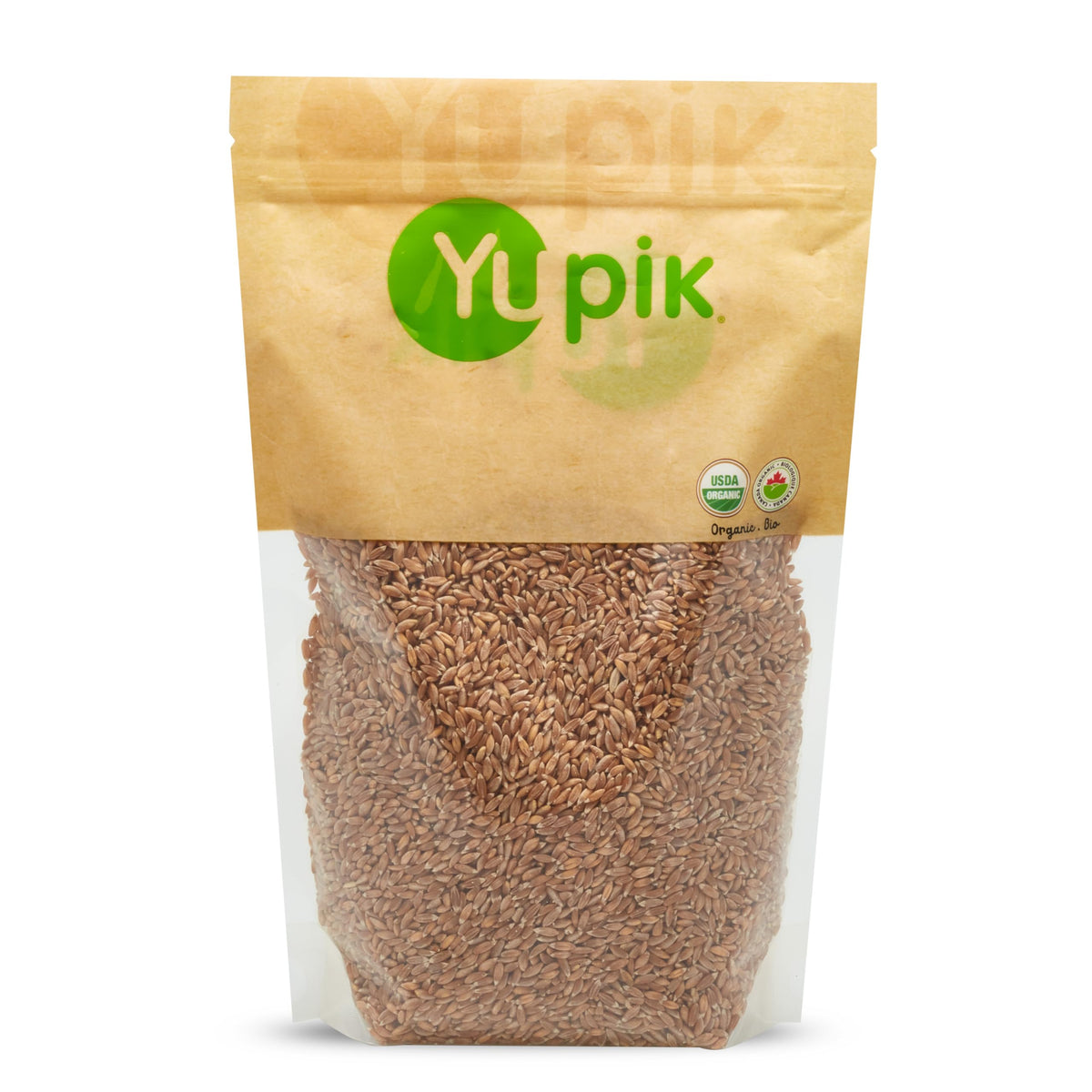 Yupik farro front pack showing label and organic certification, highlights pantry-ready convenience