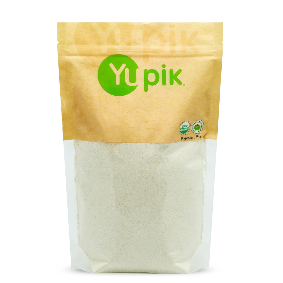 Yupik front packaging showing organic oat flour and certifications for easy pantry choice