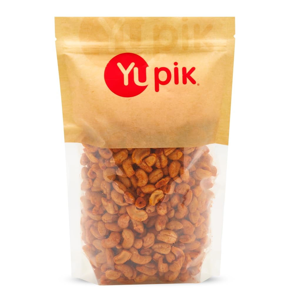Yupik front packaging of BBQ cashews showing large resealable bag for sharing