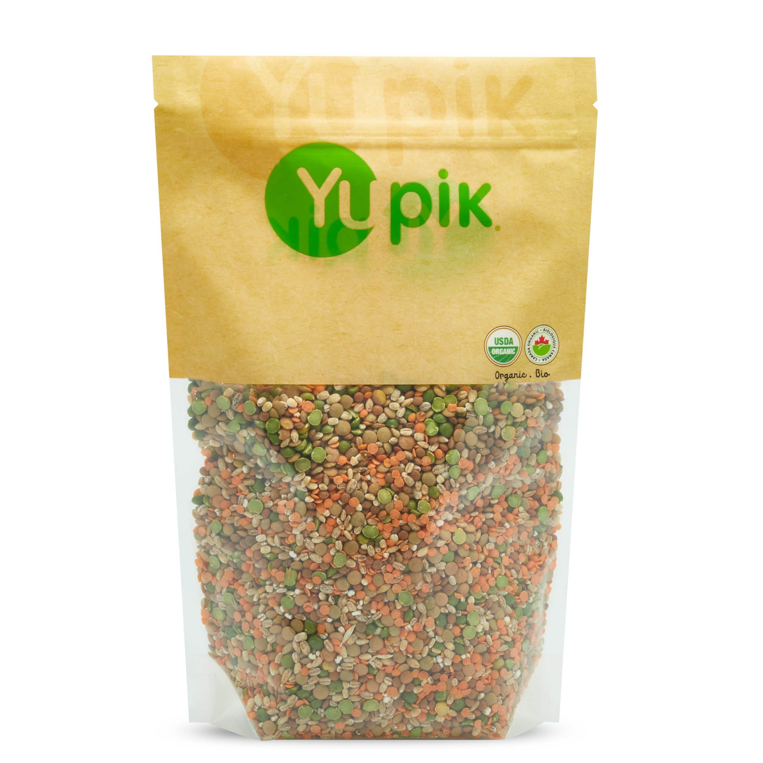 Yupik front packaging of sunny soup mix showing lentils and peas, clear labeling and weight