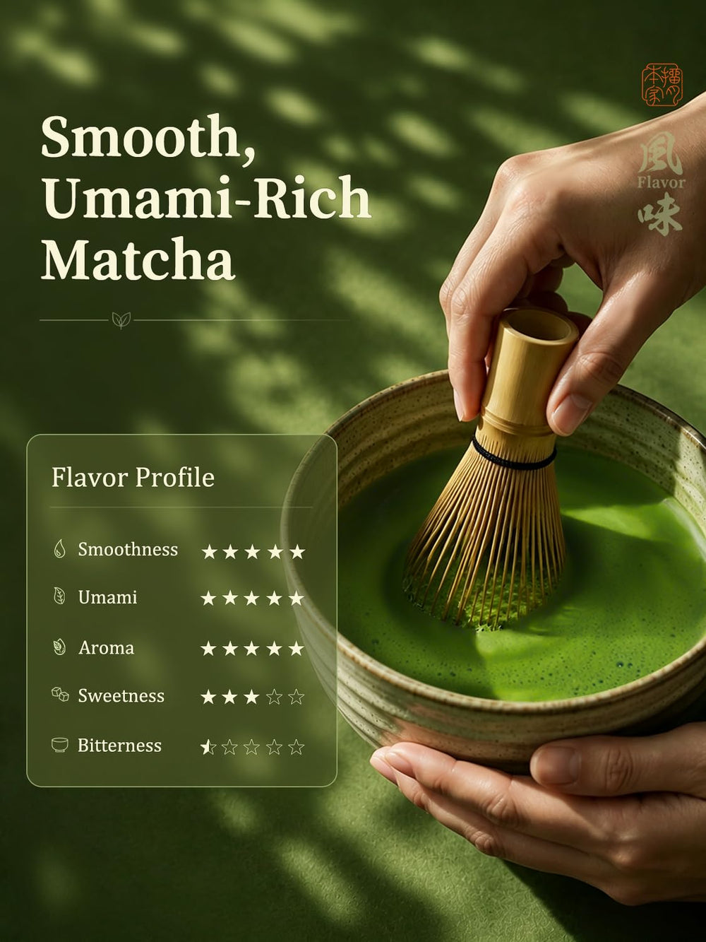 YUZUKI whisked matcha bowl with creamy froth demonstrating rich umami