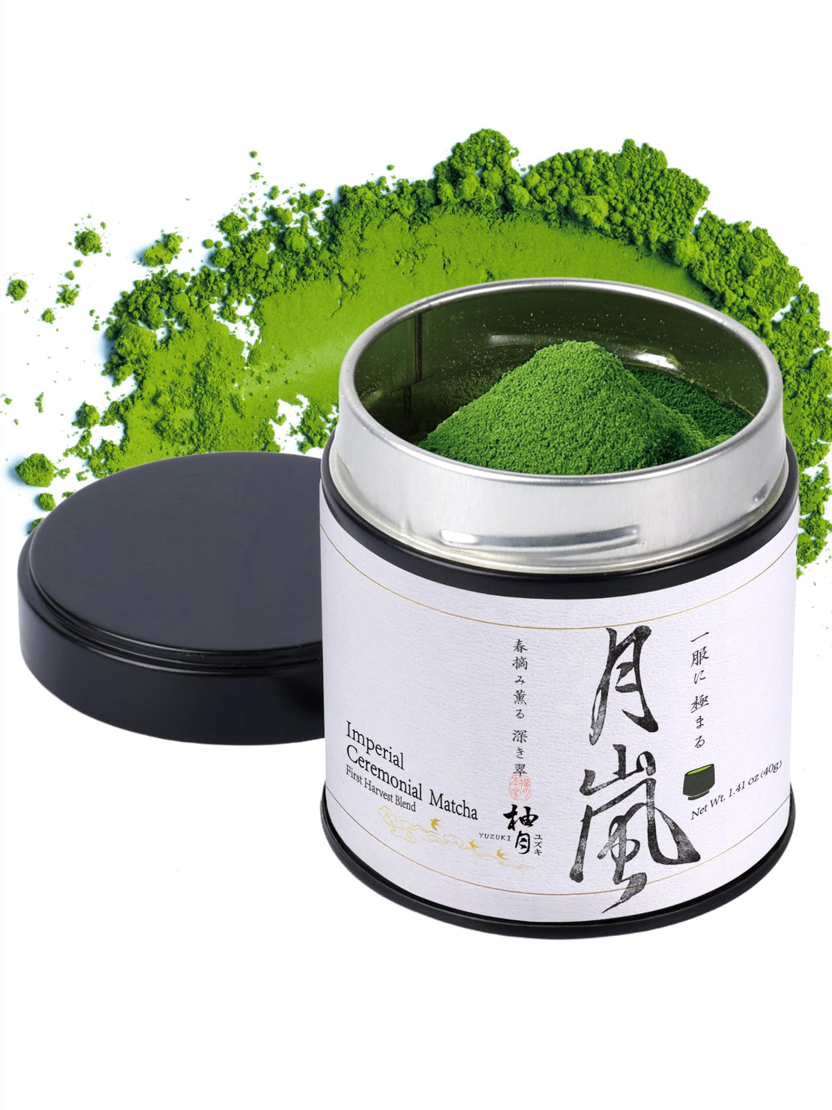 YUZUKI 40g tin front view showing premium matcha packaging and freshness