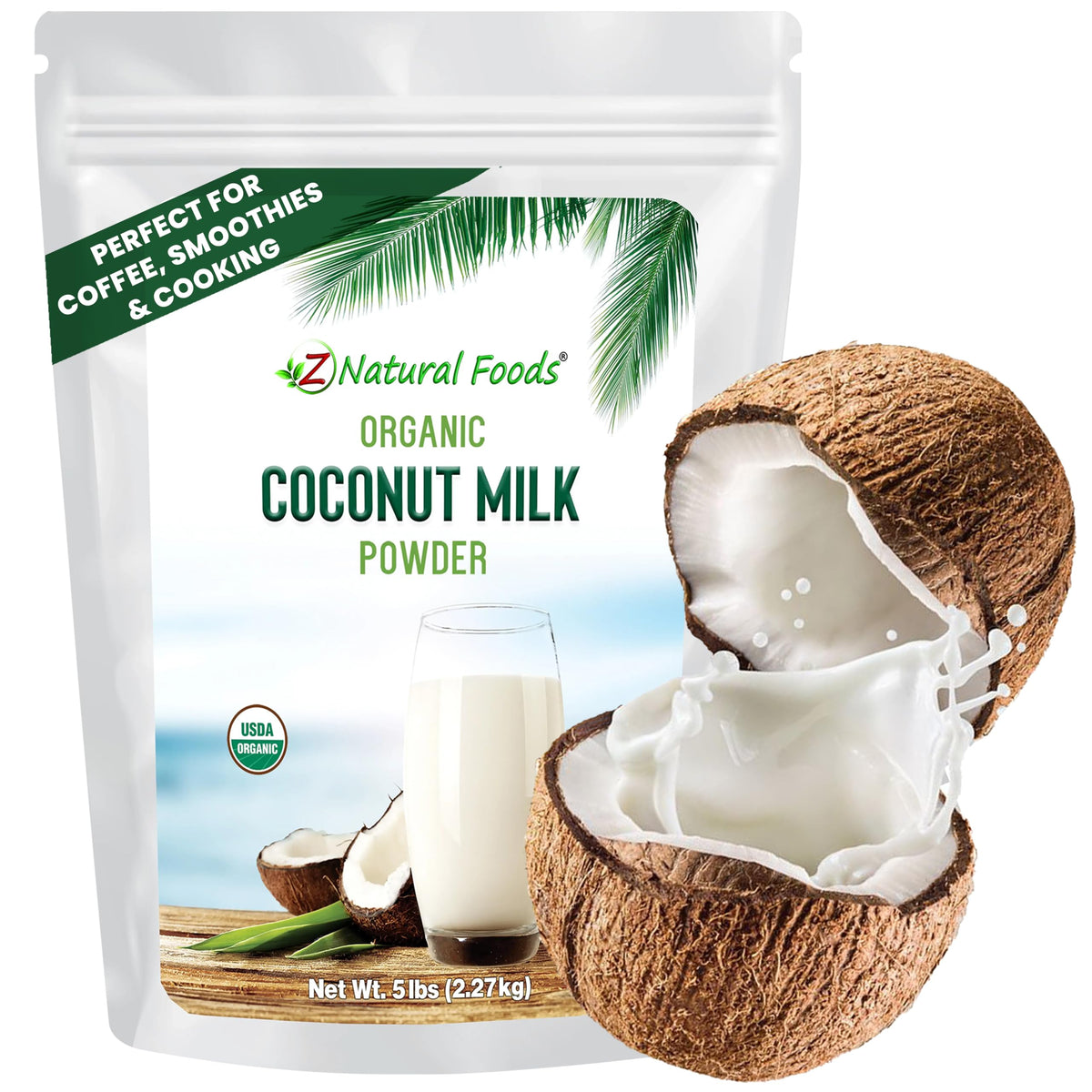 Z Natural Foods front pouch showing organic coconut powder and pantry-ready convenience