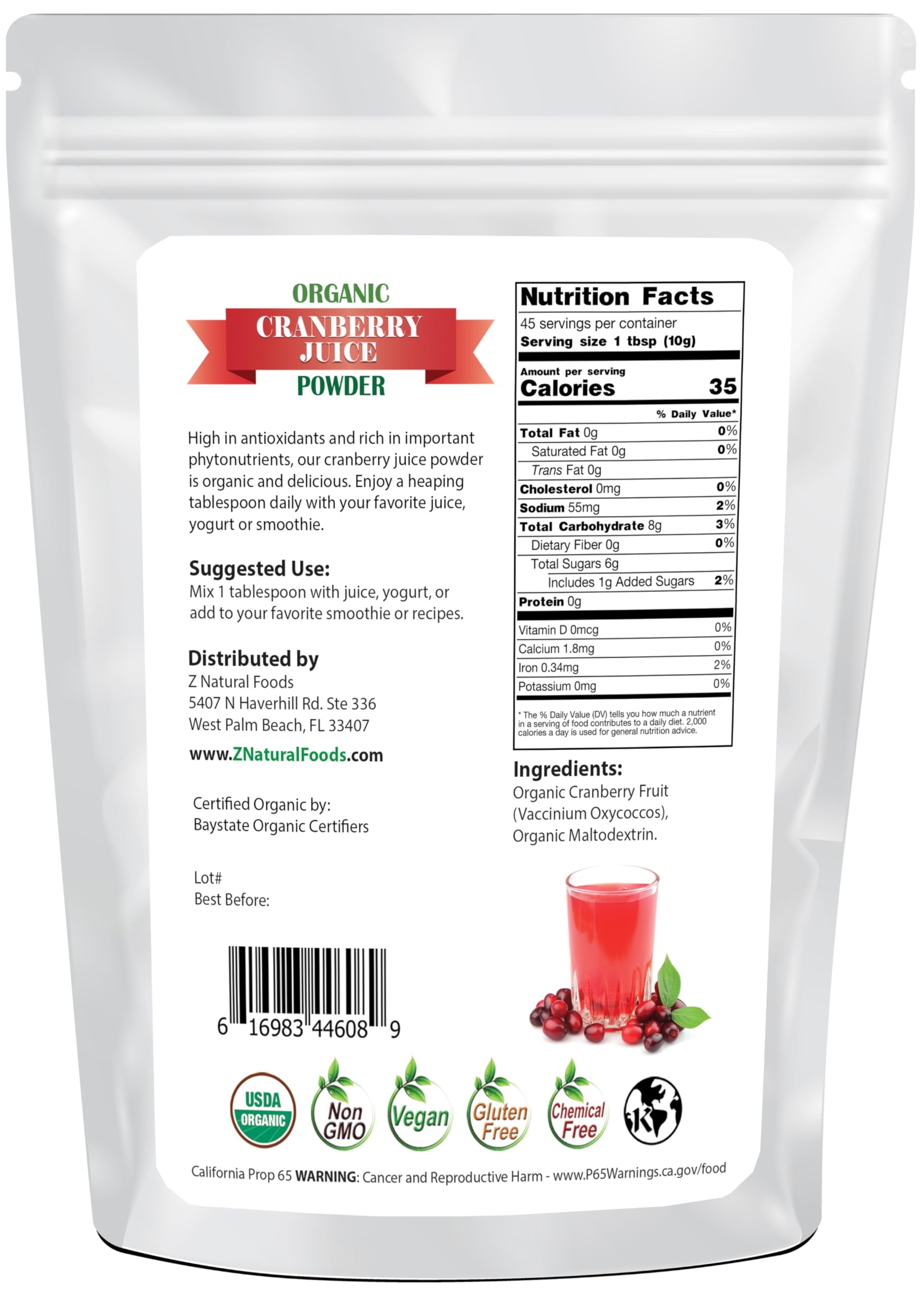 Z Natural Foods jar open revealing fine cranberry powder texture for easy mixing benefit