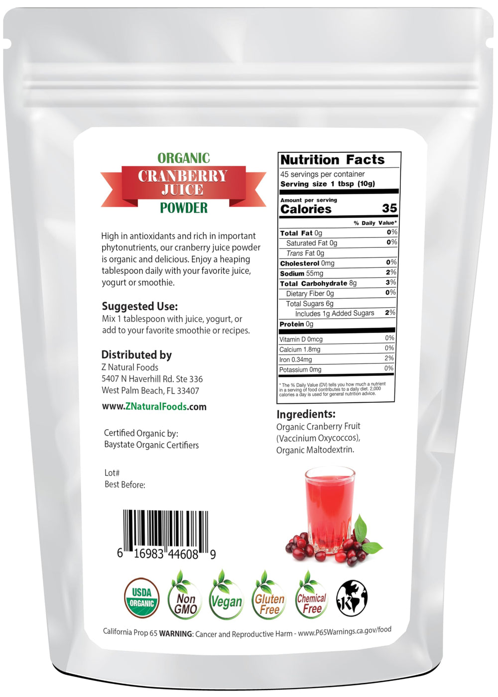 Z Natural Foods jar open revealing fine cranberry powder texture for easy mixing benefit