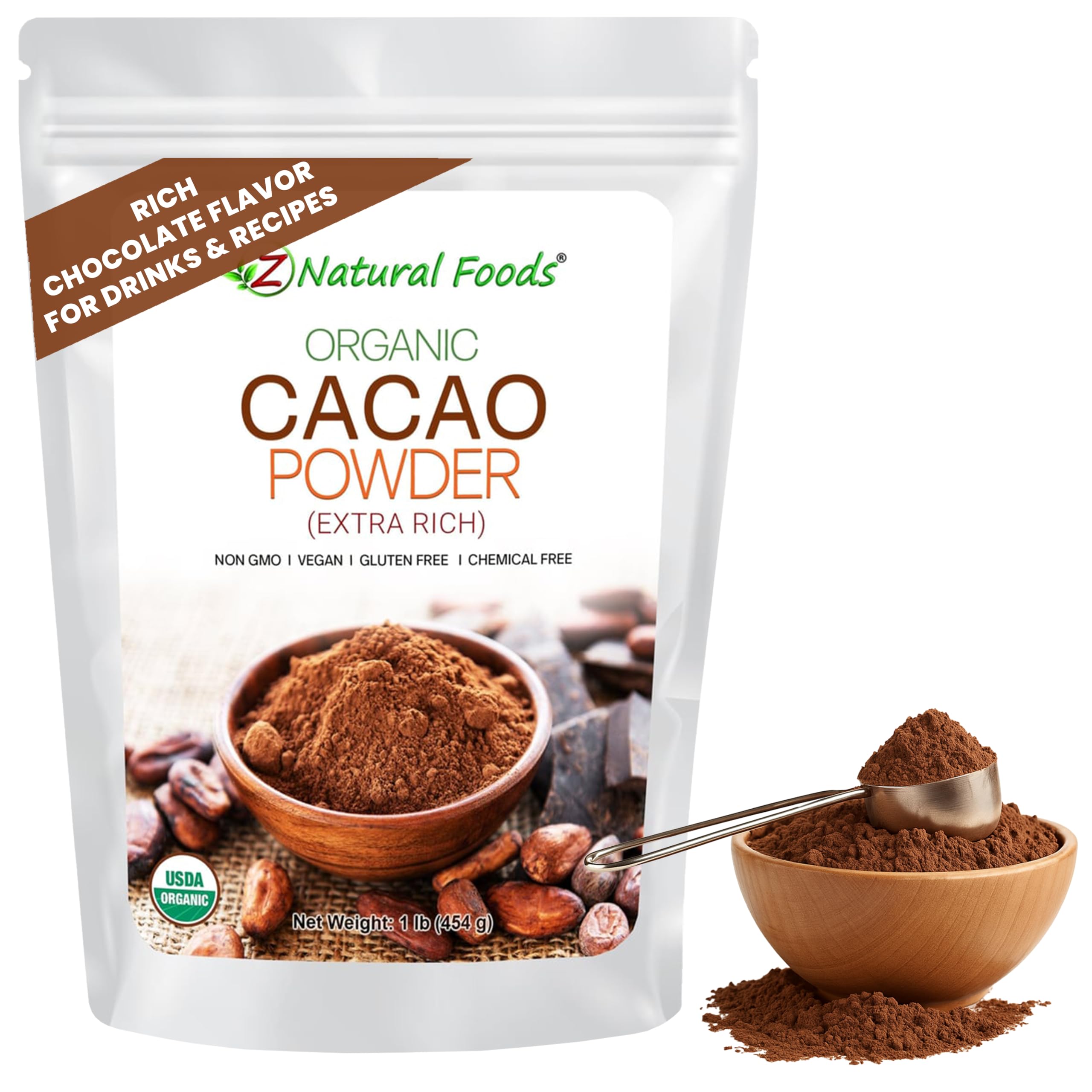 Z Natural Foods front packaging showing organic cacao powder and clear labeling benefit