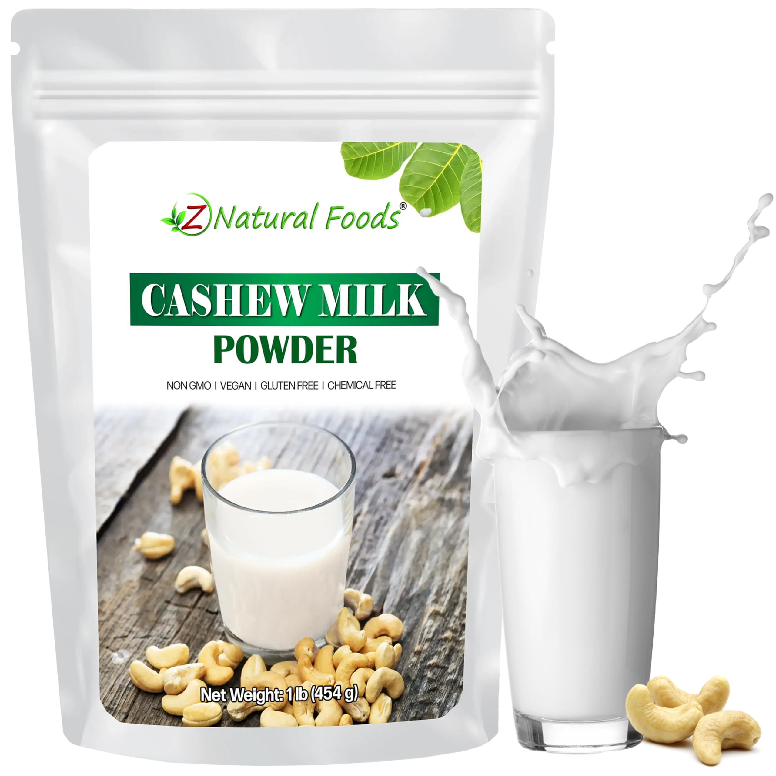 Z Natural Foods front package of cashew milk powder shows product name and benefits