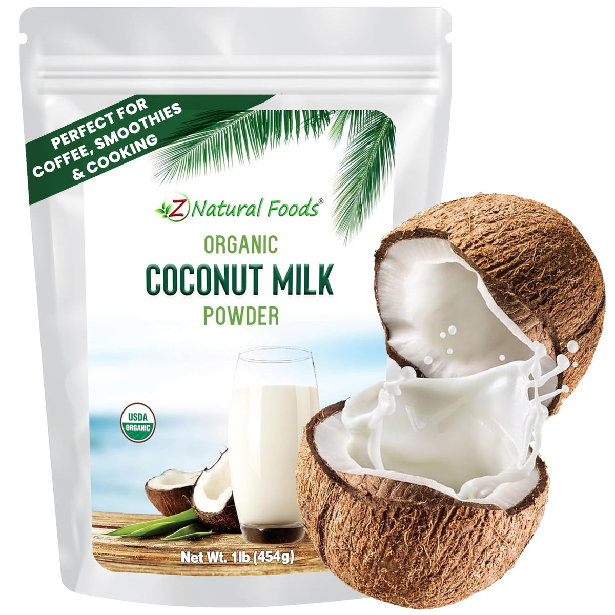 Z Natural Foods front packaging showing 1 lb organic coconut milk powder benefit convenience