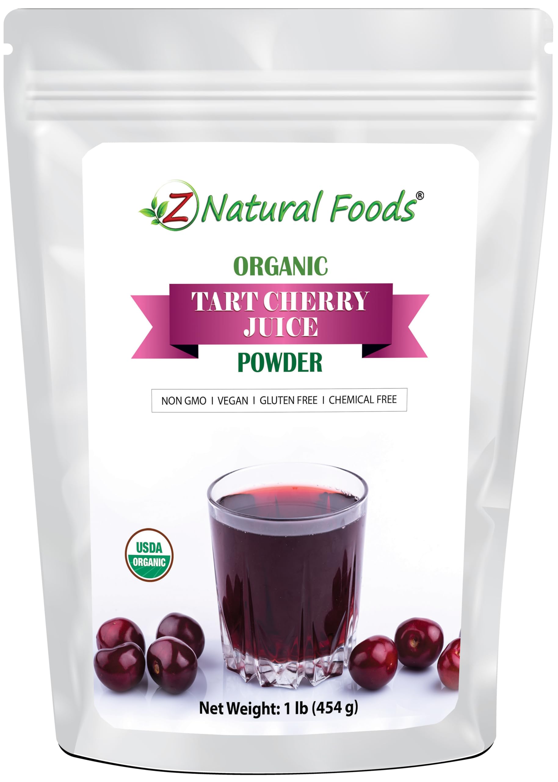 Z Natural Foods front packaging showing 1 lb organic tart cherry powder and benefits