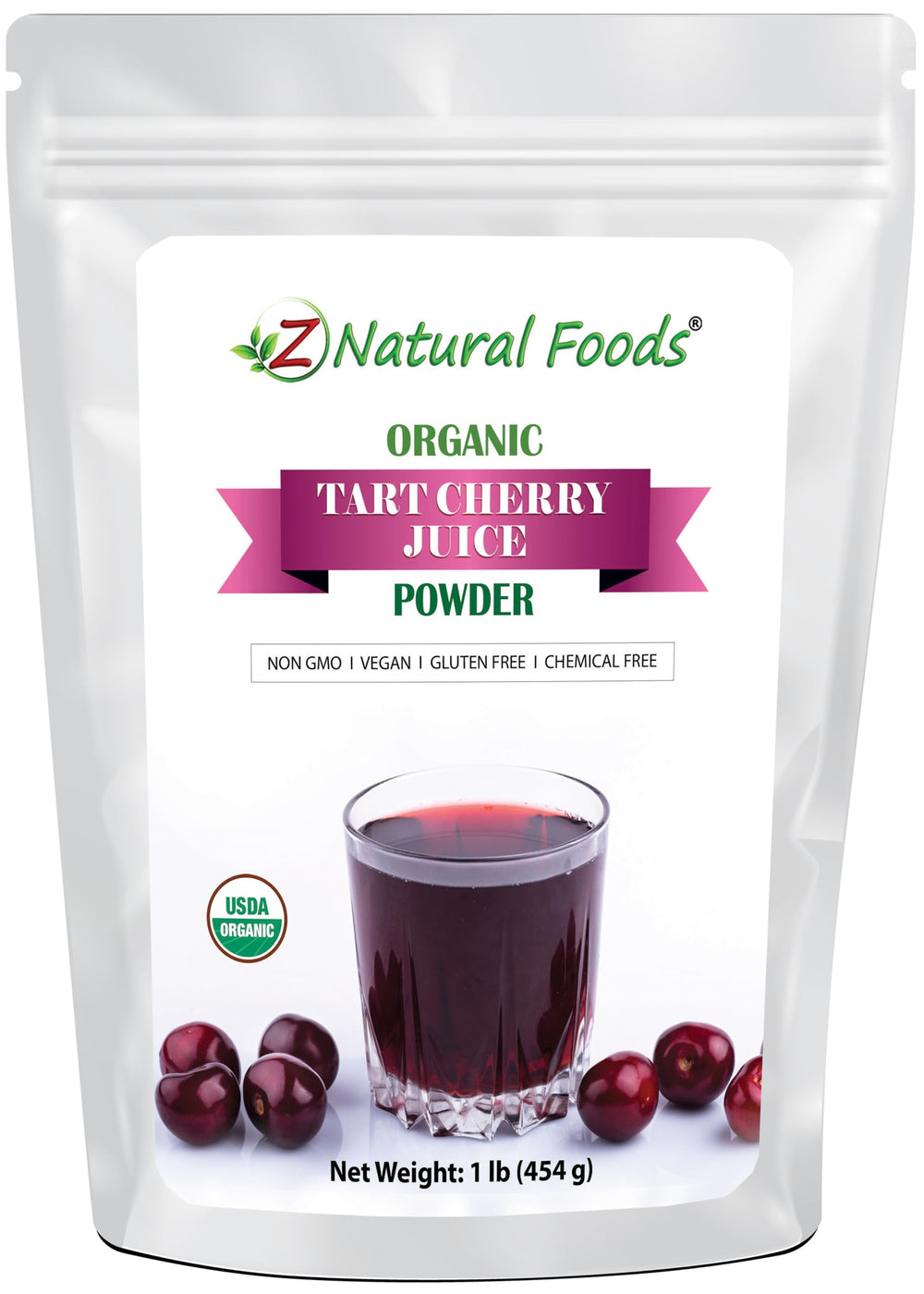 Z Natural Foods front packaging showing 1 lb organic tart cherry powder and benefits