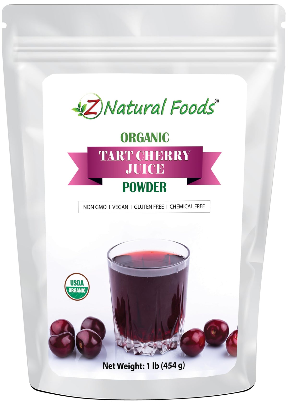 Z Natural Foods front packaging showing 1 lb organic tart cherry powder and benefits