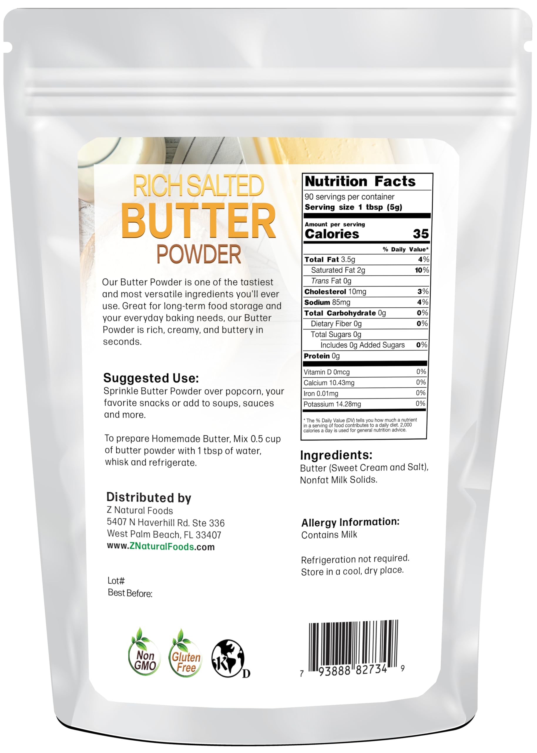Z Natural Foods open pouch displaying powder ready for scooping and convenience