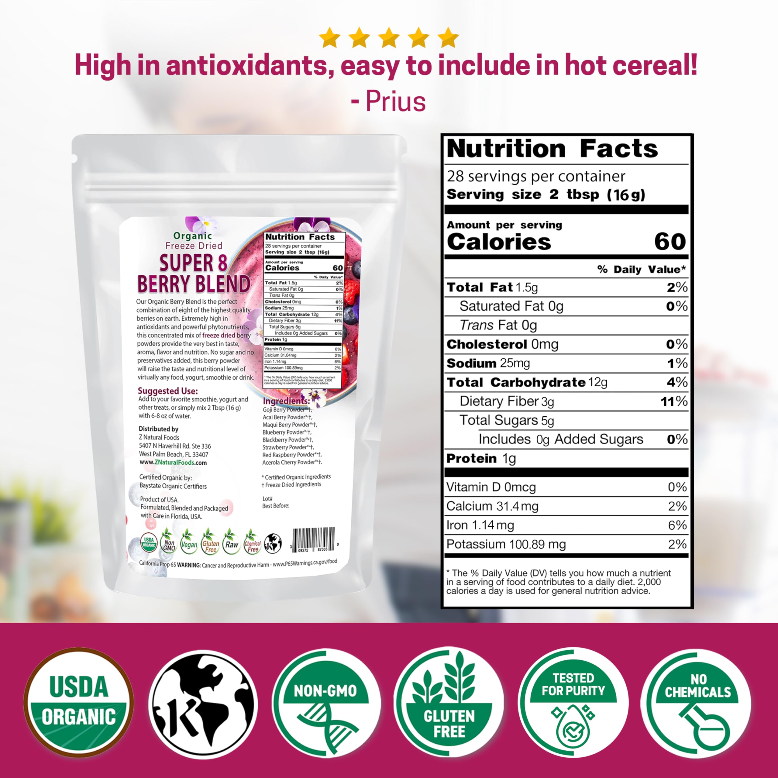 Z Natural Foods powder texture close-up highlighting fine berry consistency and vibrant color