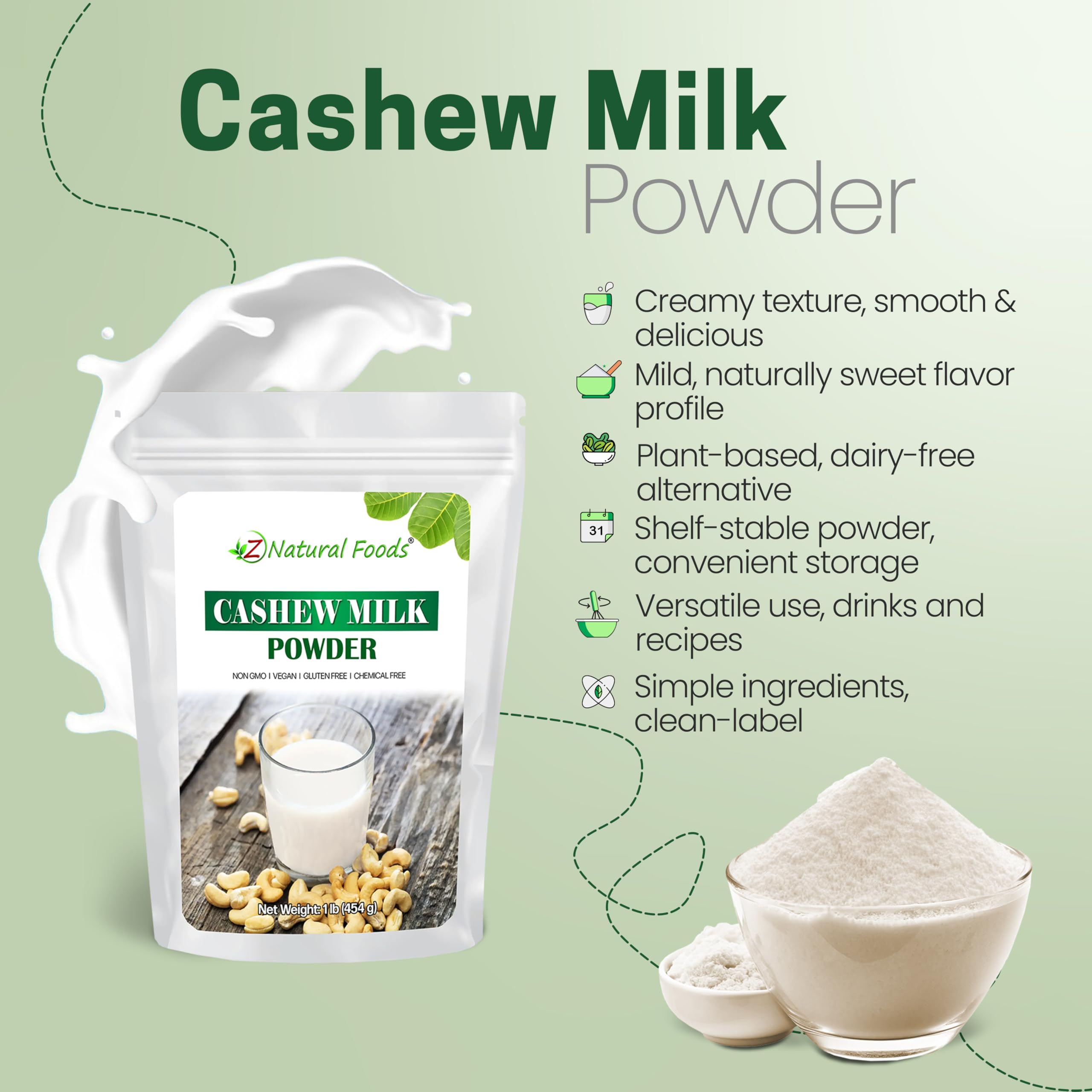 Z Natural Foods reconstituted cashew milk in a glass ready to drink, creamy alternative